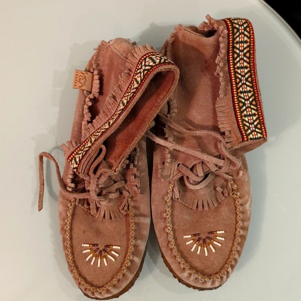 Authentic grey suede moccasin slippers.